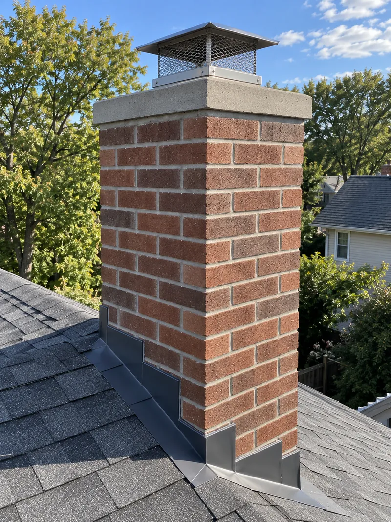 Illustration: a rebuilt brick chimney with fresh mortar and a new concrete crown