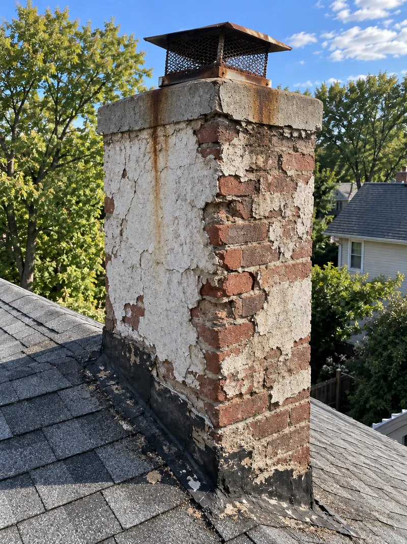 Illustration: a failing chimney before rebuild, spalled coating and crumbling masonry