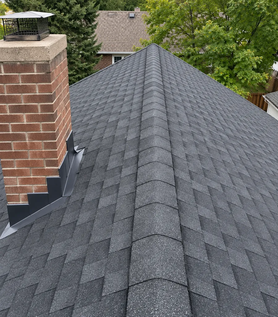 Illustration: a roof after replacement, new asphalt shingles, straight courses, chimney flashed