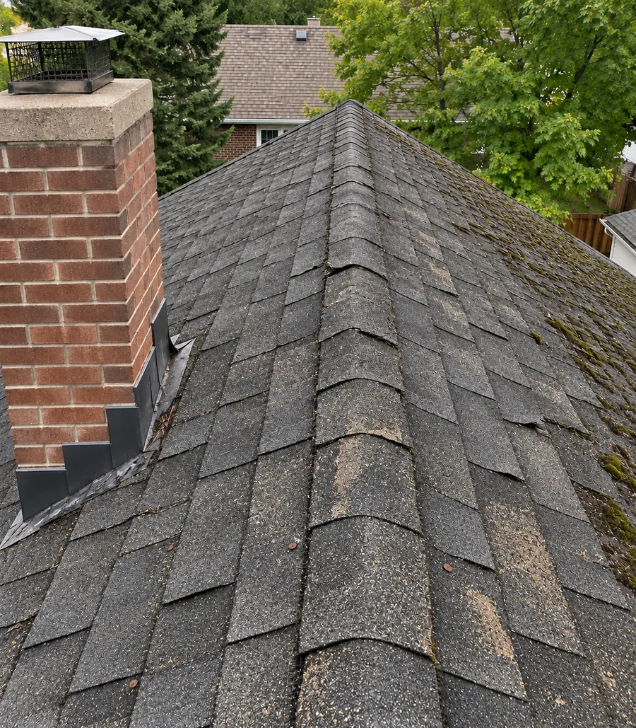 Illustration: a worn roof before replacement, cupped, mossy shingles