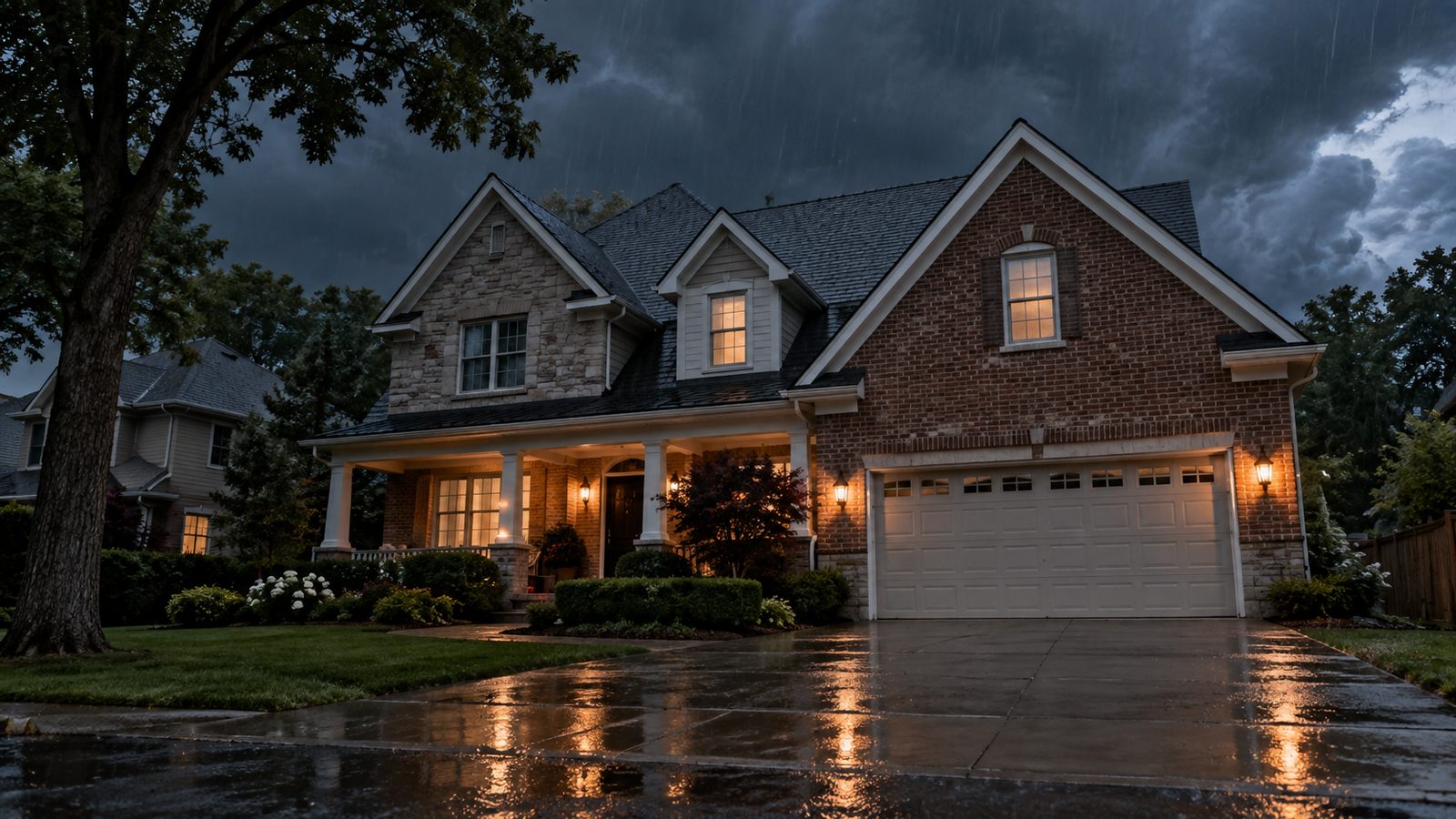 A brick and stone Chicagoland home under storm clouds at dusk