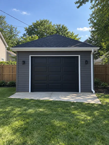 Finished detached garage with a new roof, siding and gutters