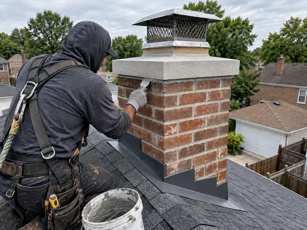 Mason tooling fresh mortar joints on a rebuilt brick chimney