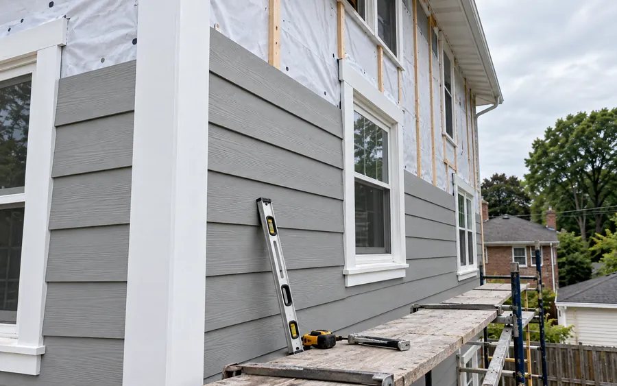 Gray fiber cement lap siding going up at a house corner, white trim